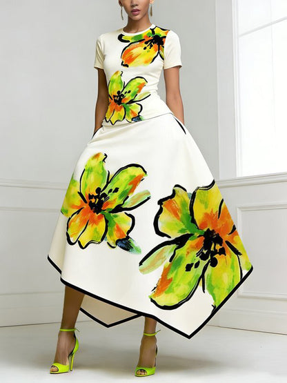 Short Sleeves Flower Print Round-Neck T-Shirts Tops