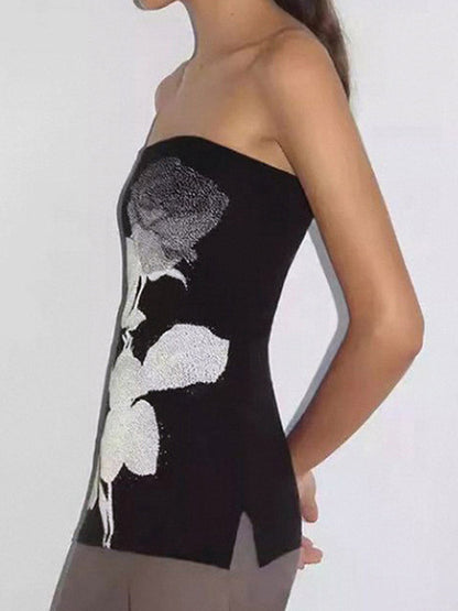 Skinny Sleeveless Contrast Color Flower Print Split-Side Tube Vest Top