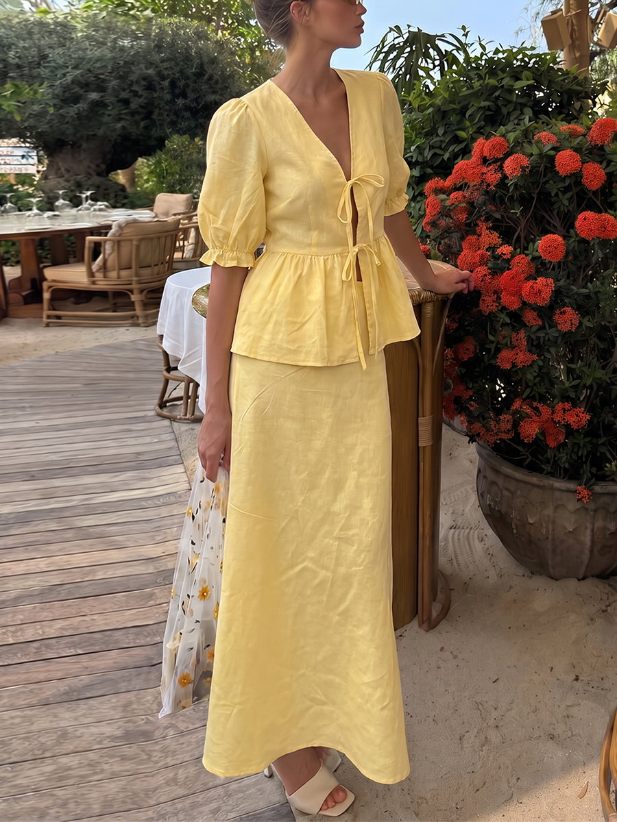 Tied Split-Joint Solid Color Pleated Short Sleeves Plus Size V-neck Two Pieces Set Skirts Bottoms Blouses&shirts Tops
