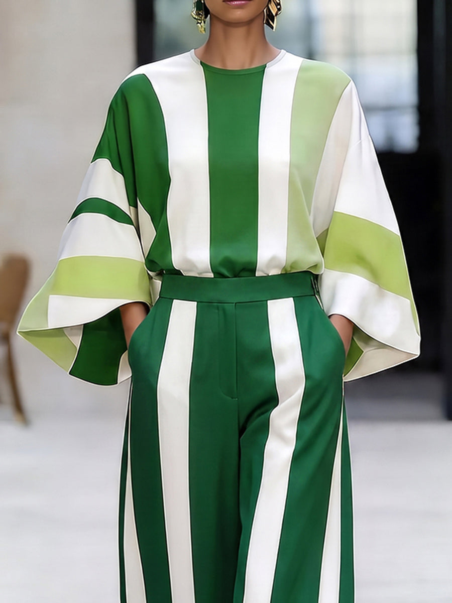 Striped Contrast Color Loose Long Sleeves Round-neck Blouses&shirts Tops