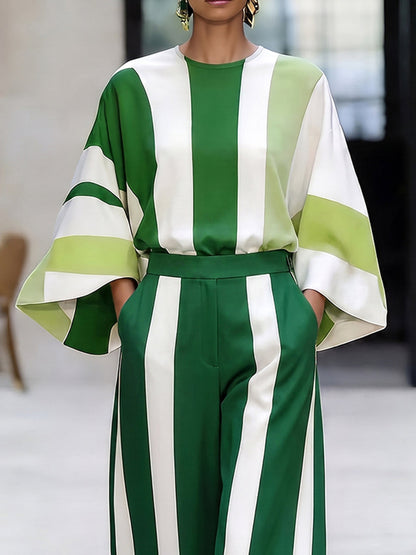 Striped Contrast Color Loose Long Sleeves Round-neck Blouses&shirts Tops