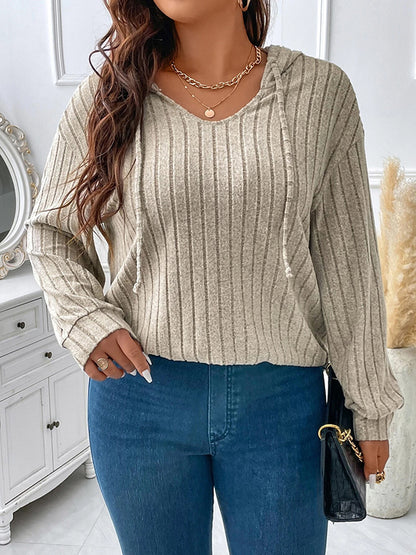 Hooded Long Sleeves Drawstring Solid Color V-Neck T-Shirts Tops