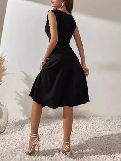 A-Line High Waisted Beads Pleated Solid Color Split-Joint Round-Neck Mini Dresses