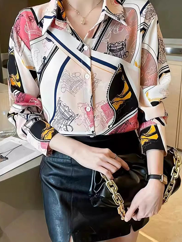 Long Sleeves Loose Buttoned Printed Split-Joint Lapel Blouses&Shirts Tops