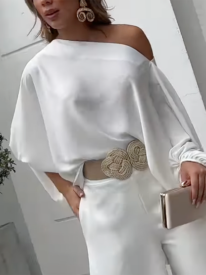 Loose Solid Color Cap Sleeve Off-The-Shoulder Blouses & Pants Two Pieces Set