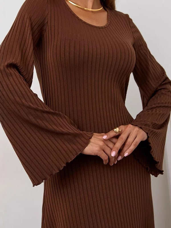 Long Sleeves Pleated Ruffled Solid Color Split-Joint Round-Neck Maxi Dresses