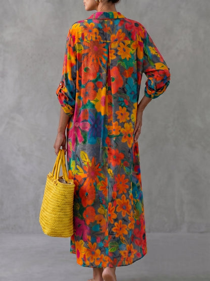 Half Sleeves Loose Buttoned Contrast Color Floral Printed Split-Front Lapel Maxi Dresses Shirt Dress