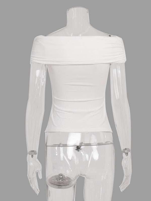 Short Sleeves Skinny Knot Pleated Solid Color Boat Neck T-Shirts Tops