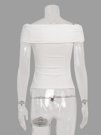 Short Sleeves Skinny Knot Pleated Solid Color Boat Neck T-Shirts Tops