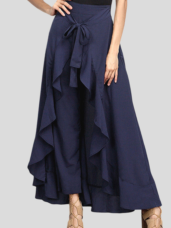 Loose Ruffle Trim Solid Color Split-Joint Tied Waist Zipper Culotte