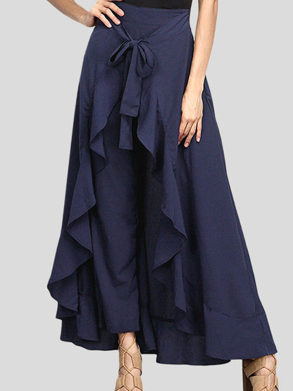 Loose Ruffle Trim Solid Color Split-Joint Tied Waist Zipper Culotte
