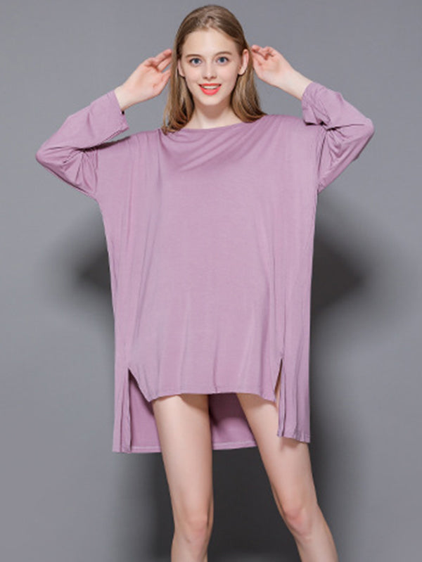 Solid Color Modal Plus Size High-Low Long Sleeve Pajamas Dress