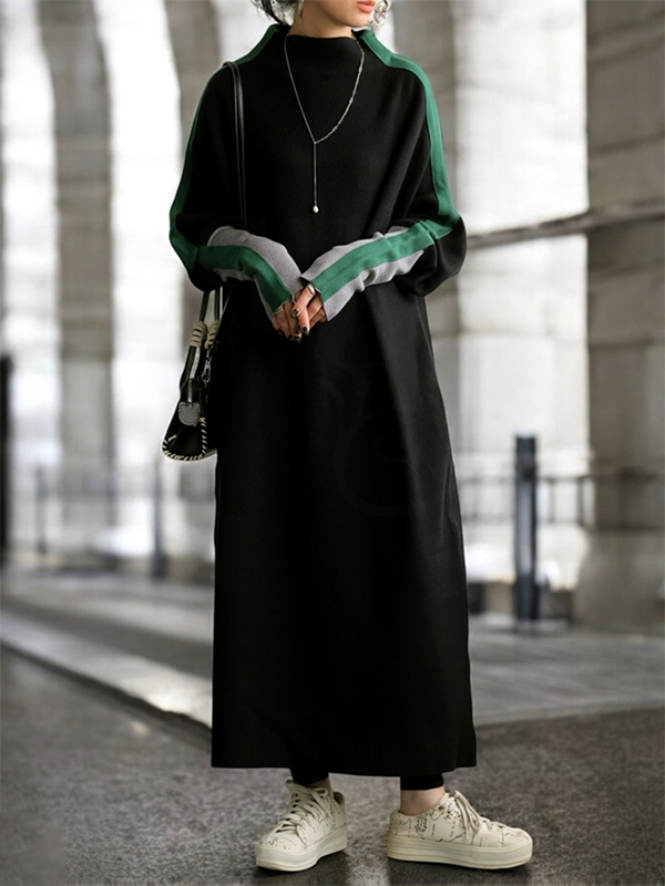 Long Sleeves Loose Contrast Color Stand Collar Maxi Dresses