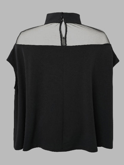 Batwing Sleeves Plus Size Cape See-Through Solid Color Split-Toe High-Neck Blouses&Shirts Tops