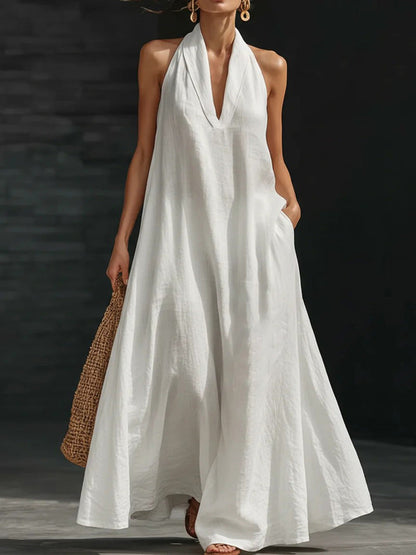 A-Line Loose Pockets Solid Color V-Neck Maxi Dresses