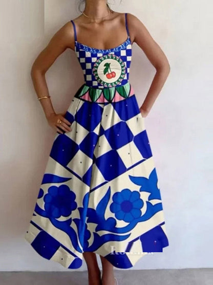 Elasticated Waist High Waisted Contrast Color Pleated Printed Split-Joint Spaghetti-Neck Midi Dresses