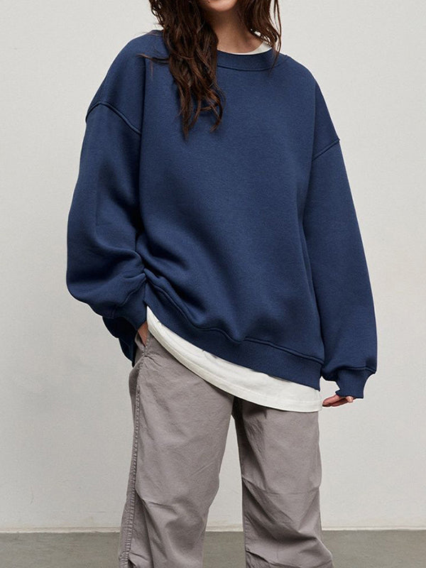 Long Sleeves Loose Solid Color Round-Neck Sweatshirt Tops