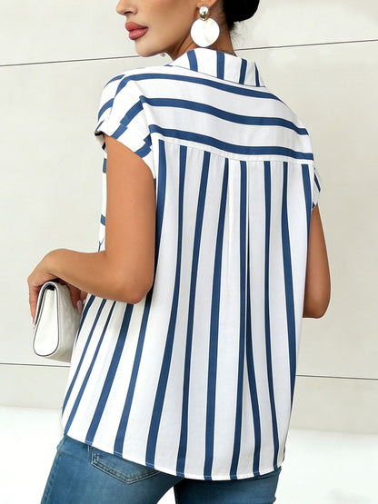 Loose Short Sleeves Buttoned Contrast Color Pockets Striped Lapel Blouses&Shirts Tops