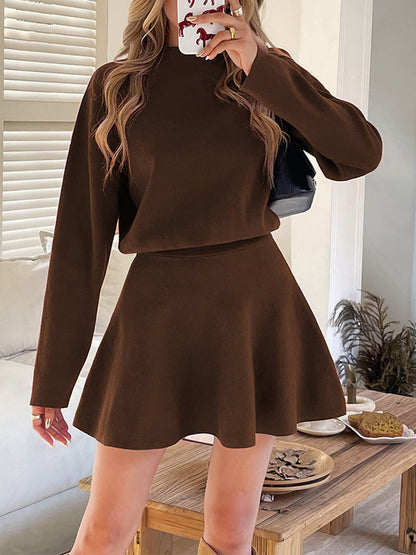 A-line High Waisted Elasticity Solid Color Round-neck Mini Dresses Sweater Dresses