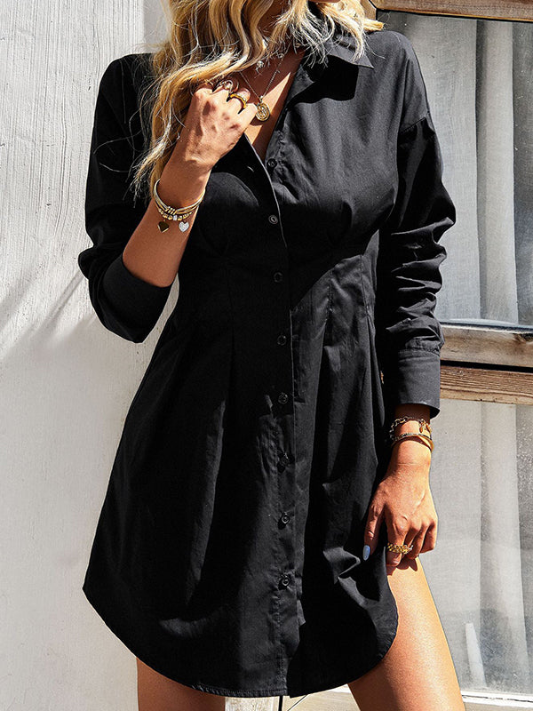 Long Sleeves Skinny Pleated Split-Joint Lapel Mini Dresses Shirt Dress
