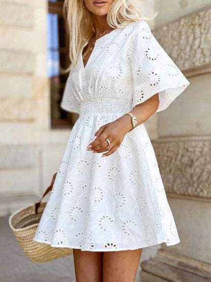 A-line High Waisted Elasticity Hollow Solid Color V-neck Mini Dresses