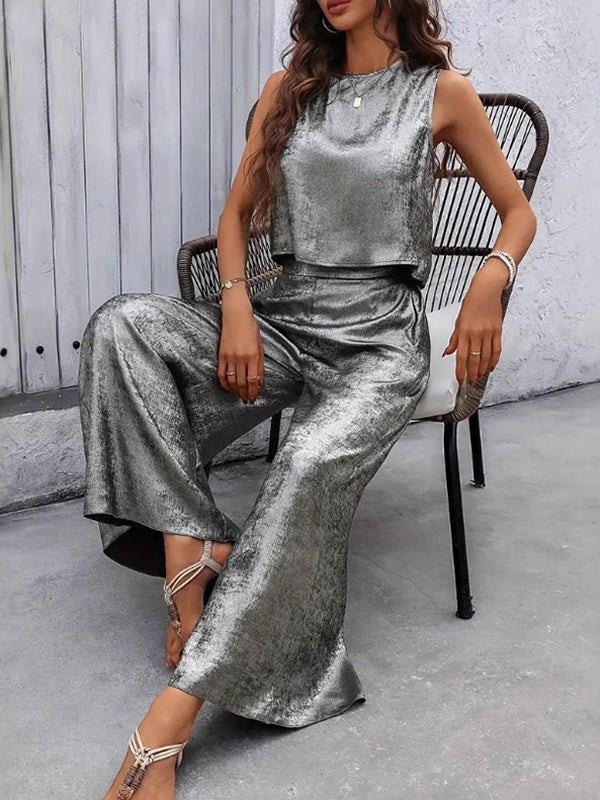 Loose Sleeveless Hollow Shiny Split-Joint Round-Neck Vest Top + Pants Bottom Two Pieces Set
