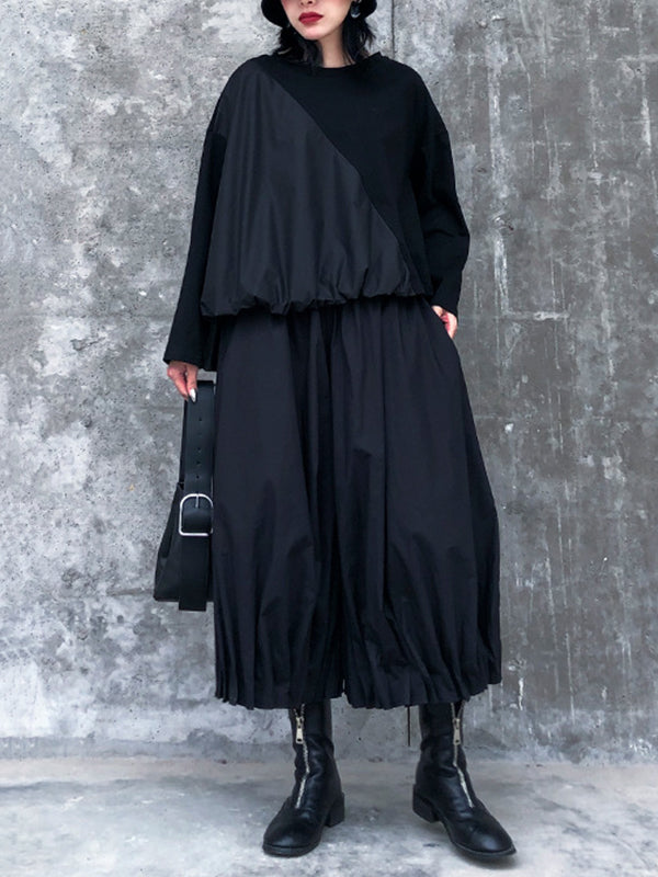 Solid Color Loose Long Sleeves Asymmetric Pleated Split-Joint Round-Neck Shirts Top +  Pants Bottom Two Pieces Set