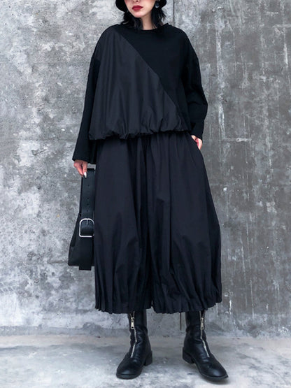 Solid Color Loose Long Sleeves Asymmetric Pleated Split-Joint Round-Neck Shirts Top +  Pants Bottom Two Pieces Set