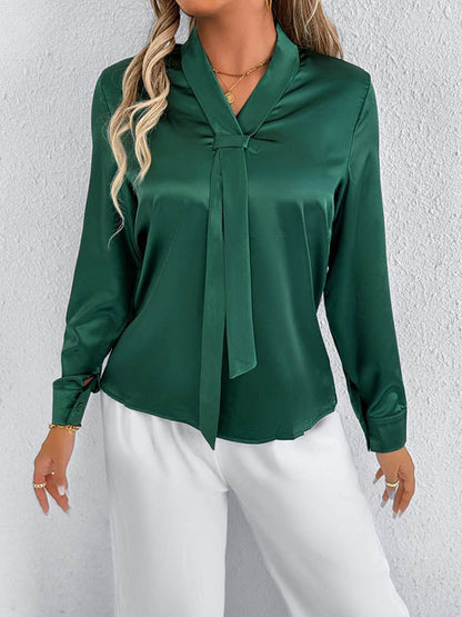 Long Sleeves Loose Solid Color Split-Joint Streamer Scarf Collar Blouses&Shirts Tops