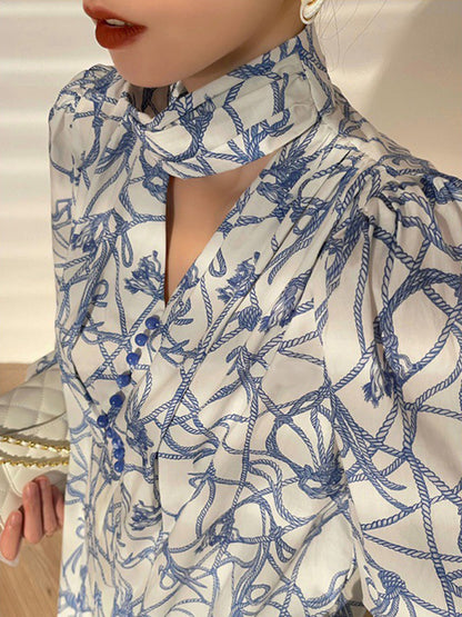 Bishop Sleeve Long Sleeves Buttoned Hollow High-Neck Blouses&Shirts Tops