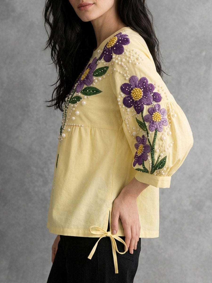 Loose Puff Sleeves Beaded Contrast Color Embroidered Split-Joint Split-Side Tied Round-Neck Blouses&Shirts Tops