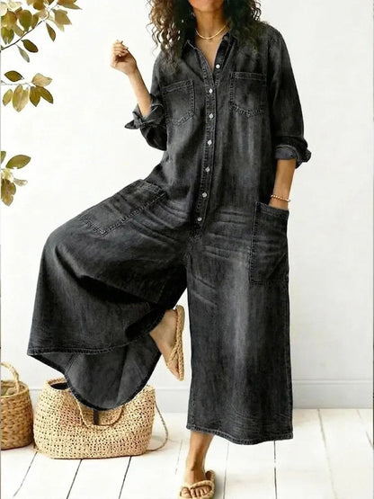 Long Sleeves Loose Buttoned Pockets Solid Color Split-Joint Lapel Jumpsuits