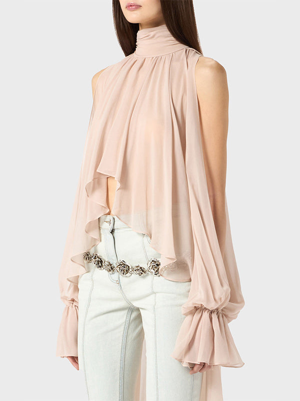 High-Low Long Sleeves Elasticity Hollow Pleated Solid Color Mock Neck Blouses&Shirts Tops