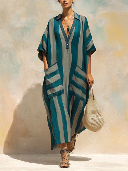 Half Sleeves Loose Buttoned Contrast Color Pockets Striped Lapel Maxi Dresses