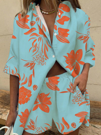 Loose Three-Quarter Sleeves Buttoned Leaves Print Lapel Blouses Tops + Pockets Elasticity Shorts Bottom Two Pieces Set