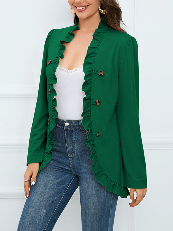Long Sleeves Loose Buttoned Ruffled Collarless Outerwear