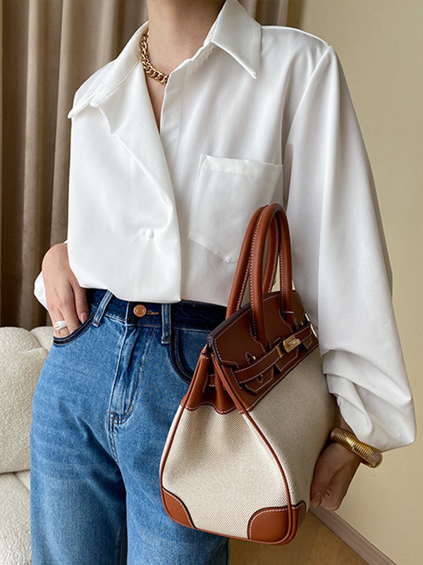 Bishop Sleeve Long Sleeves Buttoned Pockets Solid Color Split-Joint Polo Blouses&Shirts Tops