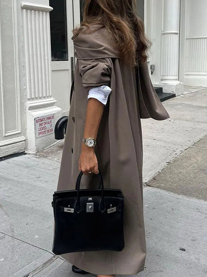 Long Sleeves Loose Buttoned Pockets Solid Color Split-Joint Notched Collar Outerwear Trench Coats
