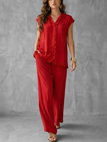 Solid Color Split-Joint Lapel Cap Sleeve Buttoned Ruffled Blouses&Shirts Tops + High Waisted Pockets Pants Trousers Two Pieces Set