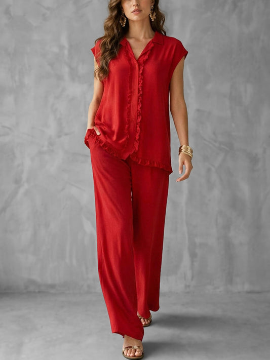 Solid Color Split-Joint Lapel Cap Sleeve Buttoned Ruffled Blouses&Shirts Tops + High Waisted Pockets Pants Trousers Two Pieces Set