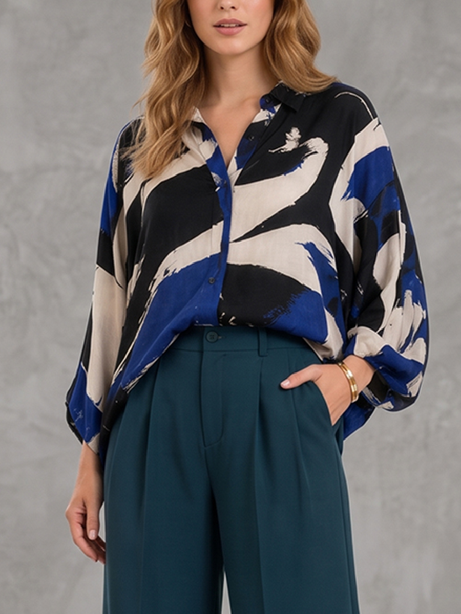 Contrast Color Buttoned Loose Long Sleeves Lapel Blouses&shirts Tops