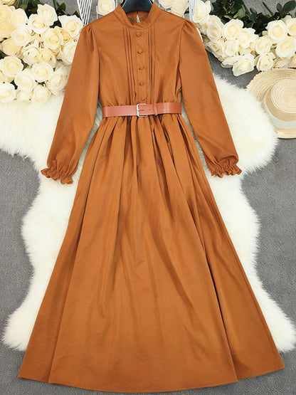 A-Line Elasticated Waist Belted Buttoned Contrast Color Pleated Split-Joint Stand Collar Maxi Dresses Shirt Dress