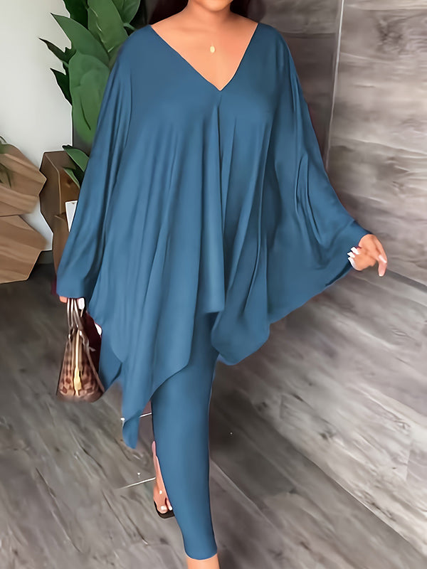 Batwing Sleeves Loose Solid Color V-Back V-Neck Shirts Tops&Pants Two Pieces Set