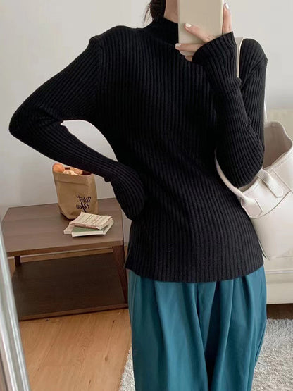 Long Sleeves Skinny Solid Color High-Neck Knitwear Pullovers Sweater Tops