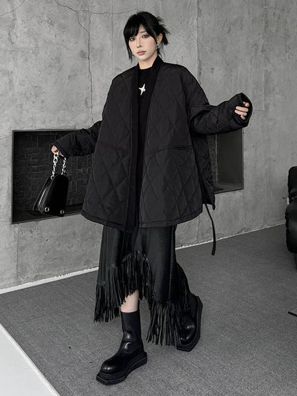 Long Sleeves Loose Plaid Quilted Solid Color Split-Joint Tied Collarless Outerwear Padded Coat