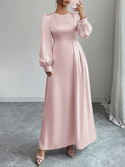 A-Line Elasticated Waist Asymmetric Pleated Solid Color Split-Joint Round-Neck Maxi Dresses