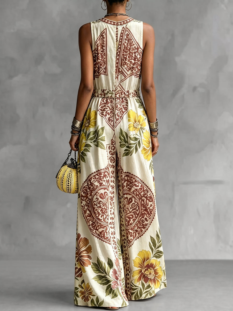 Loose Sleeveless Contrast Color Flower Print Pockets Deep V-Neck Jumpsuits