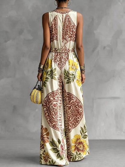 Loose Sleeveless Contrast Color Flower Print Pockets Deep V-Neck Jumpsuits