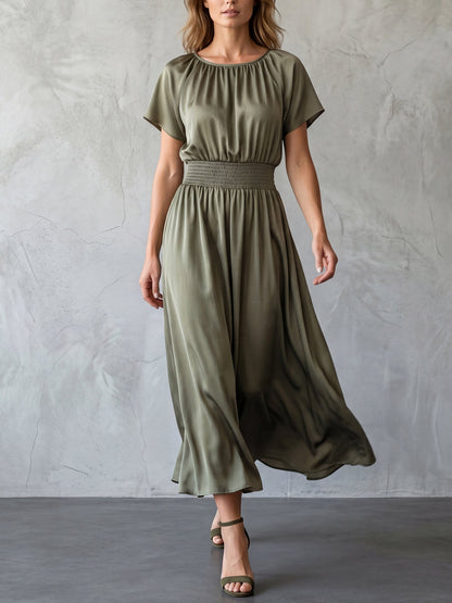 Batwing Sleeves High Waisted Elasticity Solid Color Round-Neck Maxi Dresses