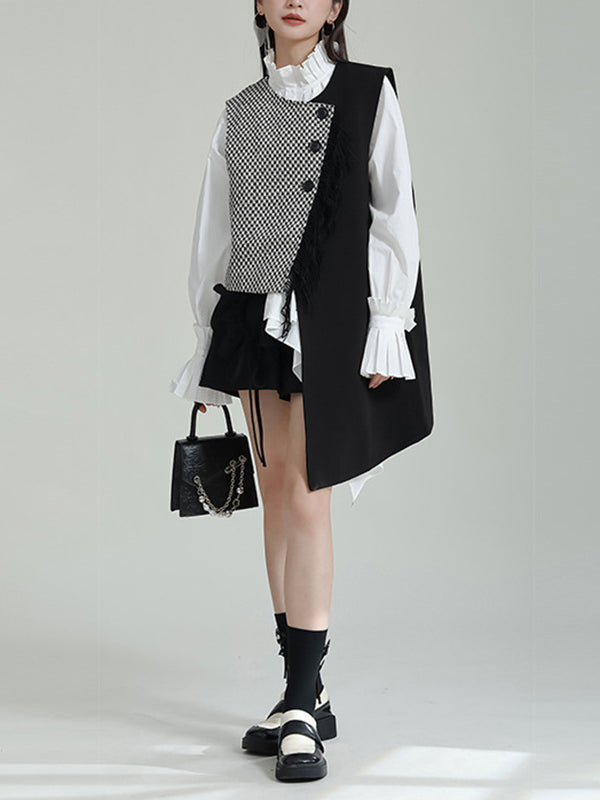 Ruffle Sleeves Sleeveless Asymmetric Buttoned Houndstooth Vest Outerwear